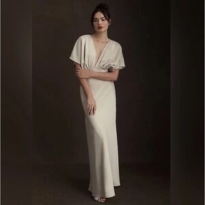 NWT BHLDN Anthropologie Leila Deep V Satin Maxi Gown in Champagne Size 14